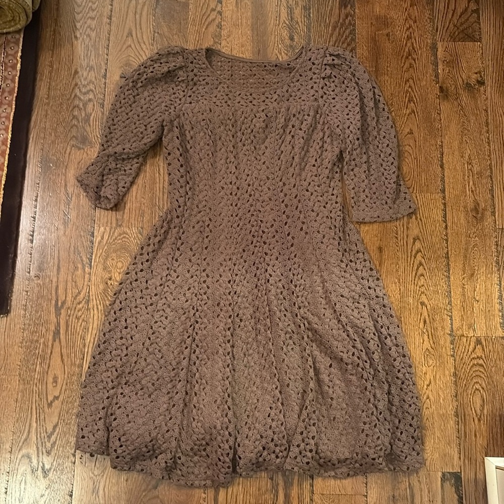 Rabbit Rabbit Rabbit Designs Crochet Overlay Brown Dress, Size S